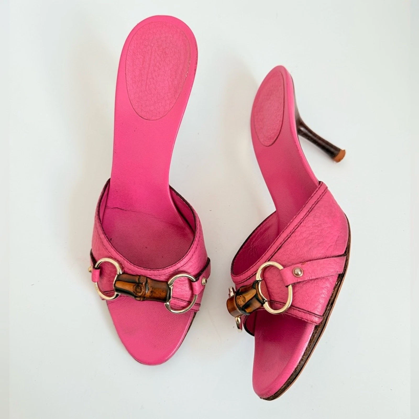 Tom Ford — Gucci vintage Pink pebbled leather bamboo horsebit Tom Ford era mules heels 7.5