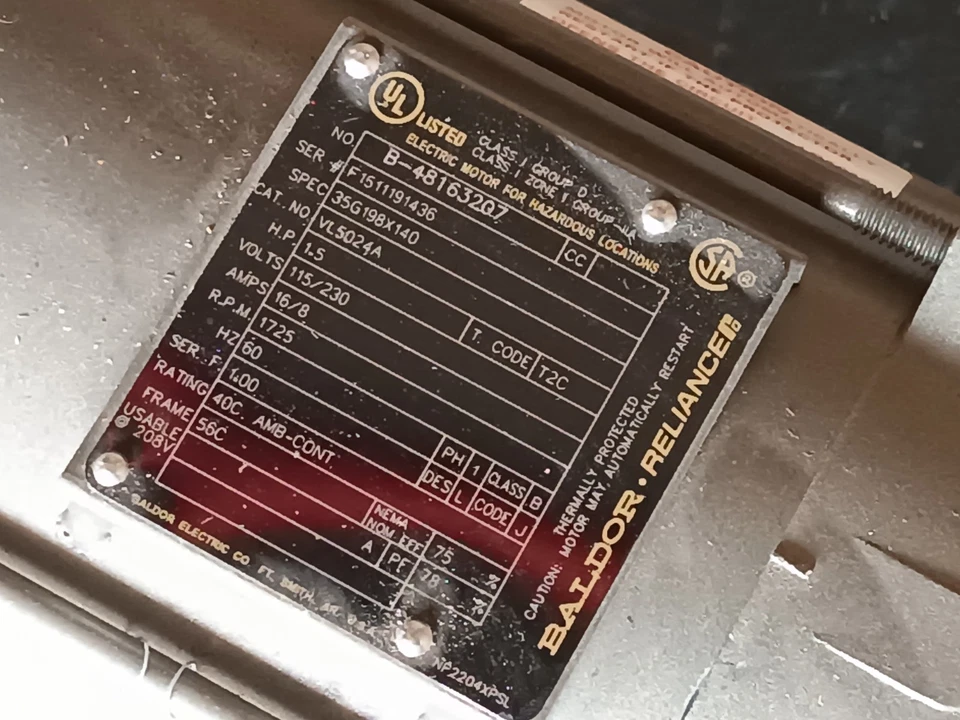 Baldor VL5024A Hazardous Location Motor, 1.5hp, 1725rpm, 1PH, 60HZ, 56C, SF: 1.0 - Image 3 of 4