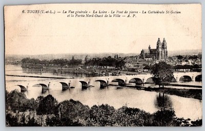 Vintage France Tours Loire Stone Bridge St Gatien Cathedral NW view cityPostcard
