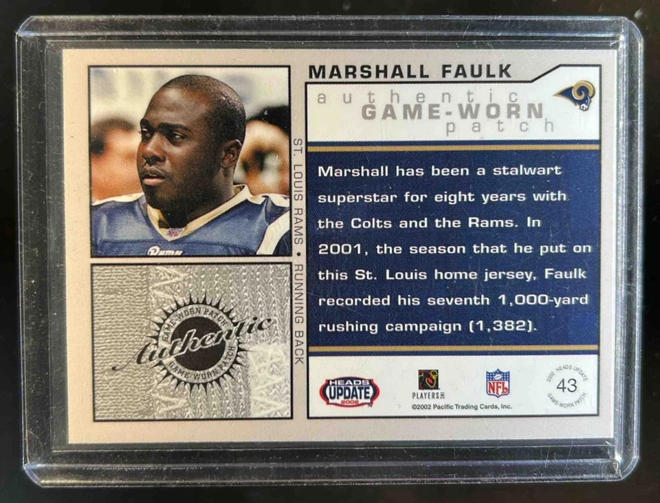 2002 Pacific Heads Update Marshall Faulk Game Worn Jerseys Patch #/225 Rams - Image 2 of 2