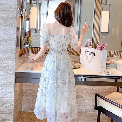 Party Dress Floral Chiffon Long Dress Elegant Short Sleeve Fairy Dresses Women - Picture 6 of 8