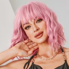 14 Inches Curly Bob With Bangs Synthetic Wig Pink Wavy Wigs Short Wigs for Women