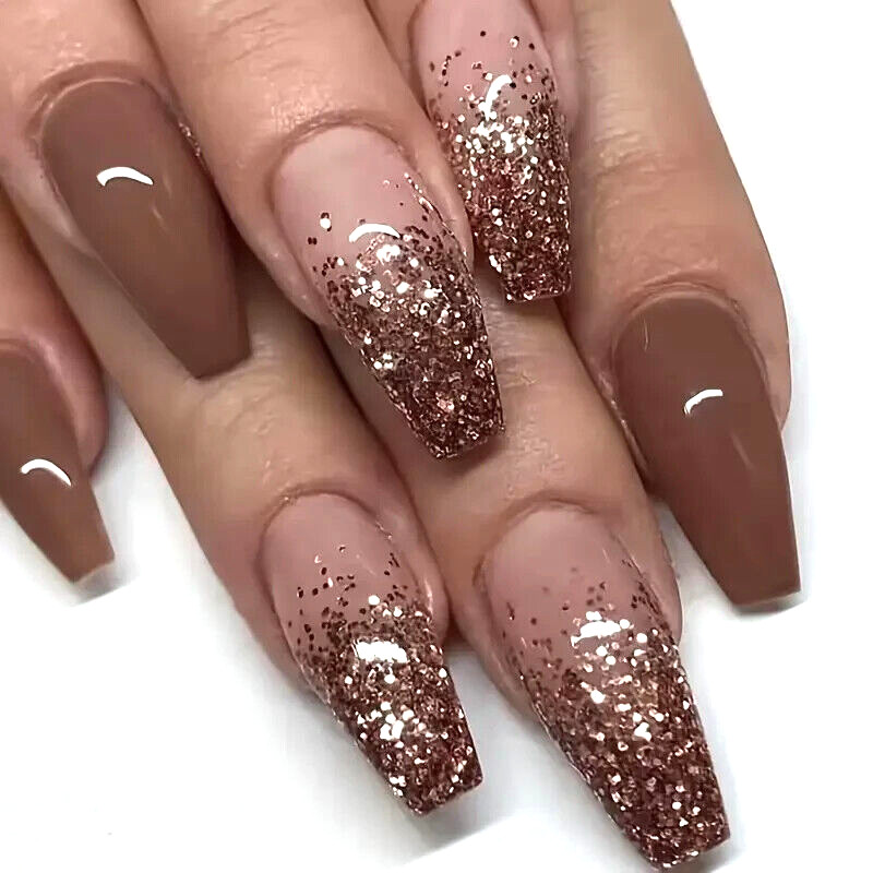 24 piezas Mejora tu look con uñas postizas bailarina marrón largas