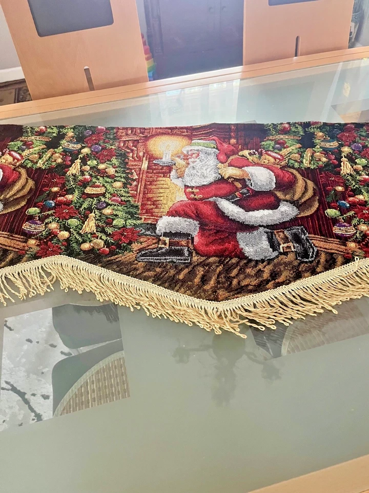 Christmas Tapestry Fireplace Decor Table Runner Wall 60” x 15” Santa Gifts Tree - Image 3 of 4
