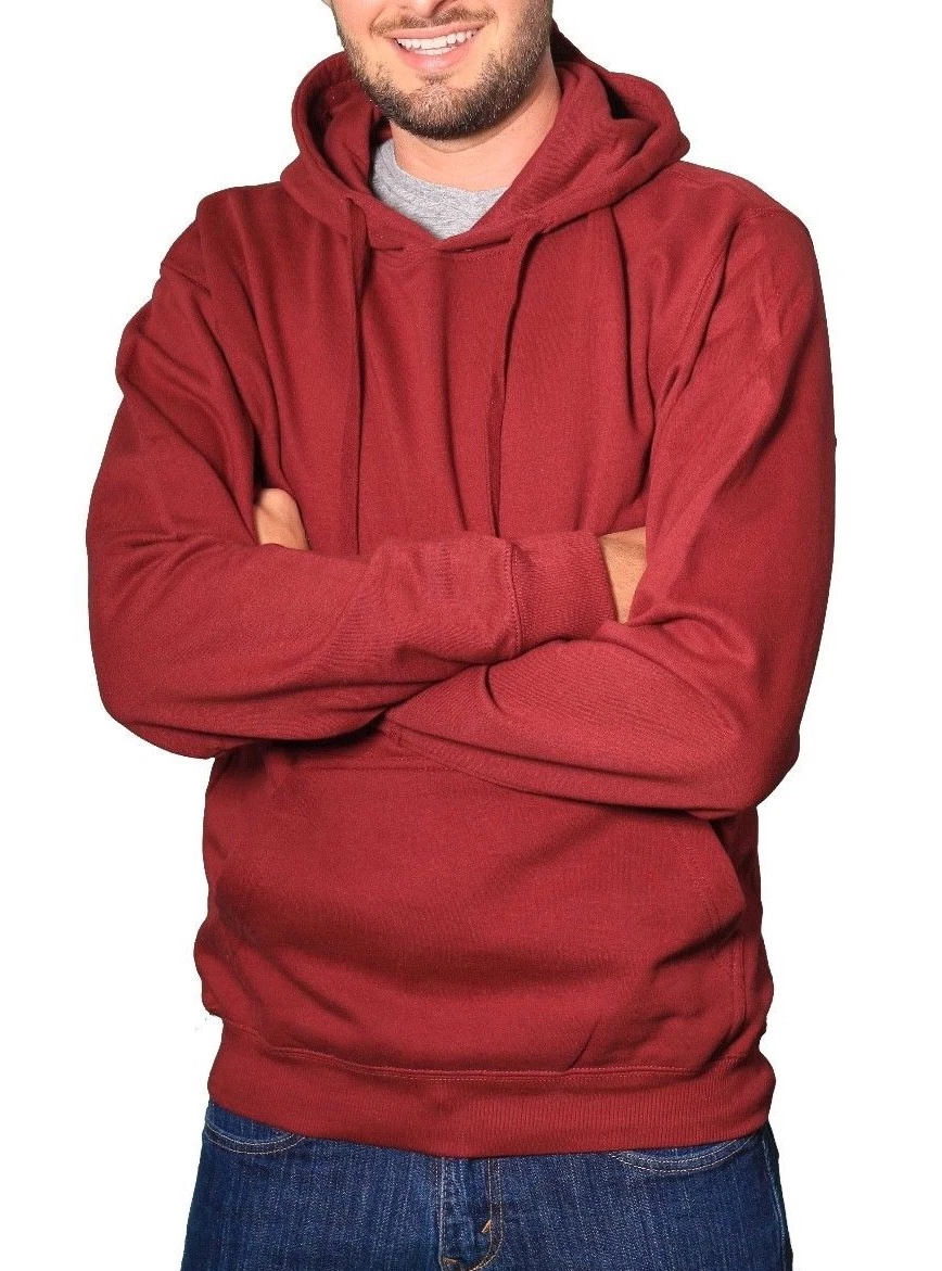 Men Pullover Burgundy Hoodie Fashion Long Sleeve Hooded Sweatshirt Active