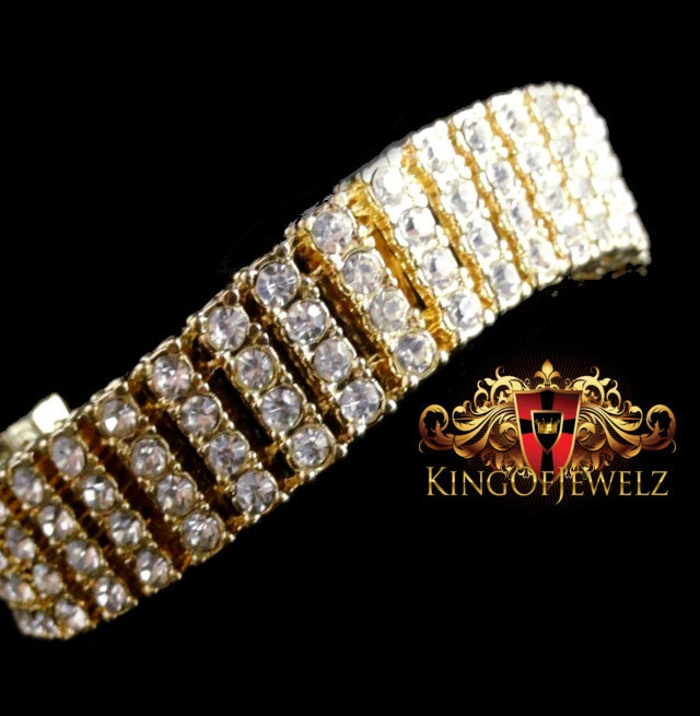 New Men's 14k Yellow Gold Tone Finish 4 Row  Hip-hop  Tennis Bracelet 8.5" Inch - Image 3 of 4