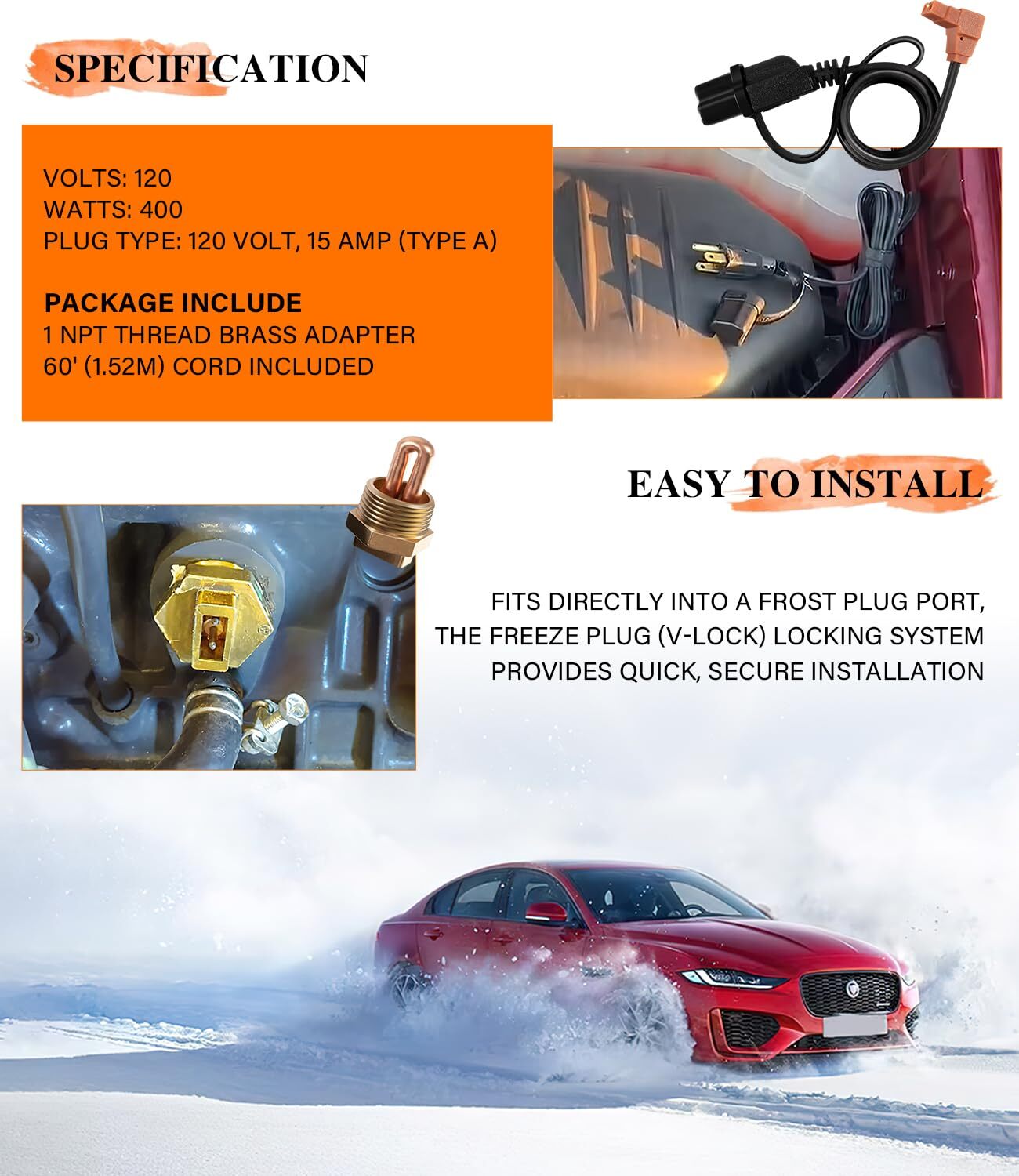 1" NPT 400W Block Heater Immersion for Engine Heater Zerostart/Temro 3100003