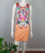 Indikah Size 8 Short Fitted Bodycon Dress Sleeveless Round Neck Orange Women
