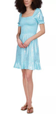 MICHAEL Michael Kors Foil-Print Smocked Peasant Dress Turquoise Size 2XL 3046