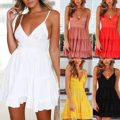 Abito natalizio pizzo boho sling dress slim mini fit spiaggia prendisole senza schiena donna - Foto 2 di 23