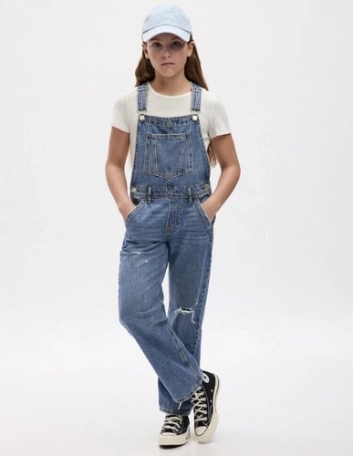 GAP Kids Distressed Medium Wash Relaxed Denim Overalls Size XXL Cotton - Picture 2 of 8