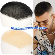 Fashion Buzz Cut Short Human Hair Toupee for Mens Thin Skin PU Replacemen System