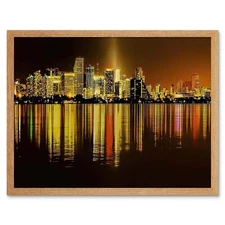 Miami City Florida Night Lights 12X16 Inch Framed Art Print