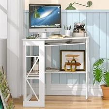 Home Office Desk Table w/Charging Station, Keyboard Tray, Storage Shelves Corner