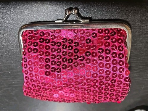 Small Hot Pink Caboodles Sequin bling Coin Purse With Kisslock Polka Dot lining - Picture 1 of 3