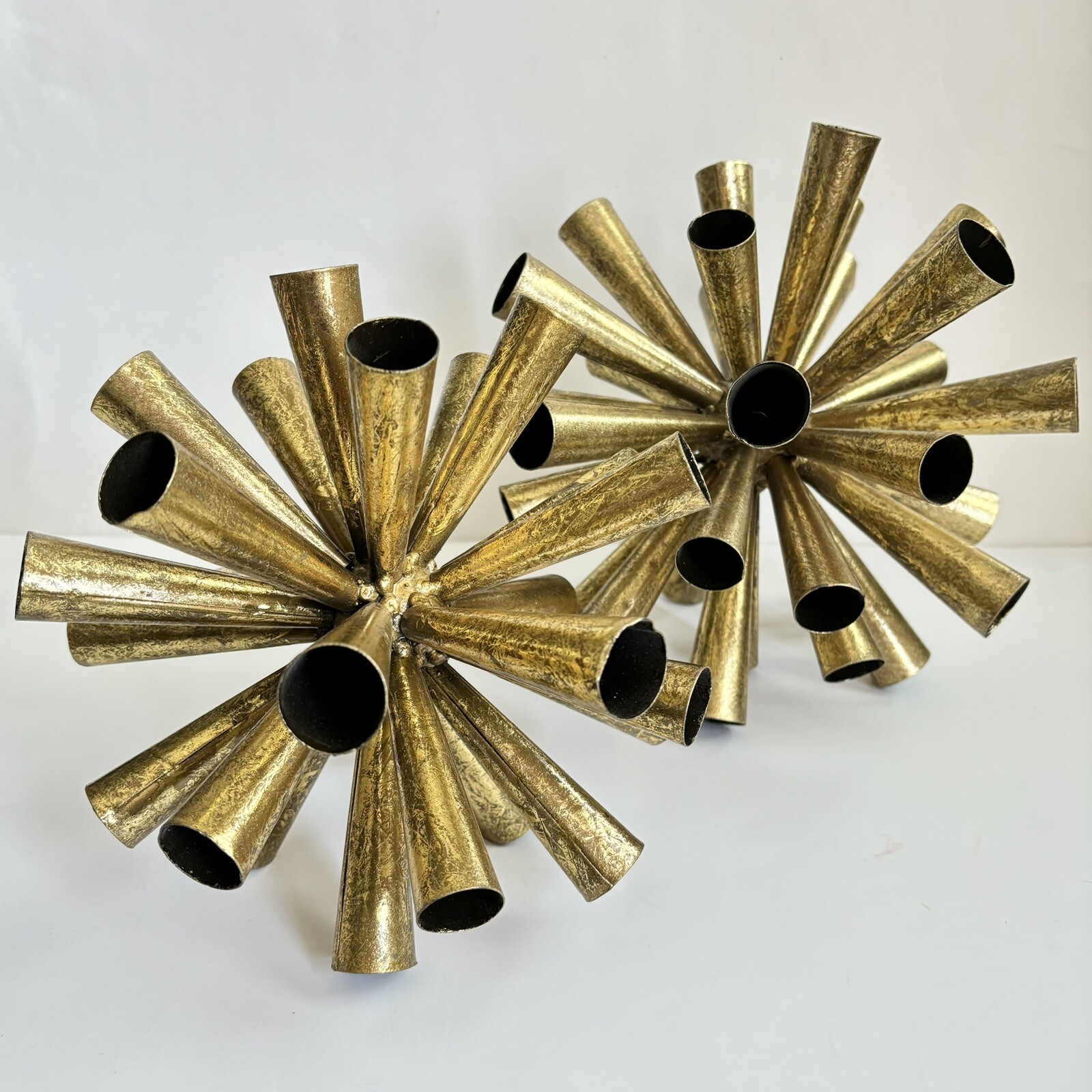 2 Metal Starburst Sputnik Style Tube Sculptures 10” And 8” Gold Tone Vintage