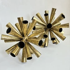2 Metal Starburst Sputnik Style Tube Sculptures 10” And 8” Gold Tone Vintage