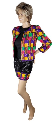 Vintage 1980s Party Time All Sequin & Beaded 100% Silk Jacket & Shorts Set Sz S - Picture 15 of 23