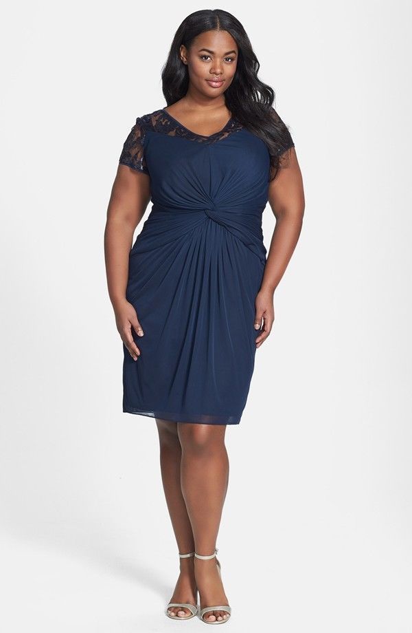 adrianna papell plus size lace dress NWOT navy Adrianna Papell Embellished Lace Yoke Knotted dress size 16W