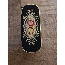Vintage Petit Point Floral Travel Sewing Kit Grooming Clothes Brush Gold Tone