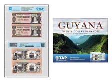 Guyana 20 Dollars, 1996-2018 ND, P-30g, UNC 2 Pieces Uncut Sheet, Authenticated
