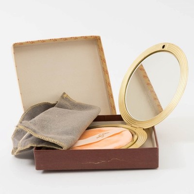 Vintage Evans Clamshell Mirror Compact Gold & Copper Woven 4-7/8'' D + Pad & Box 