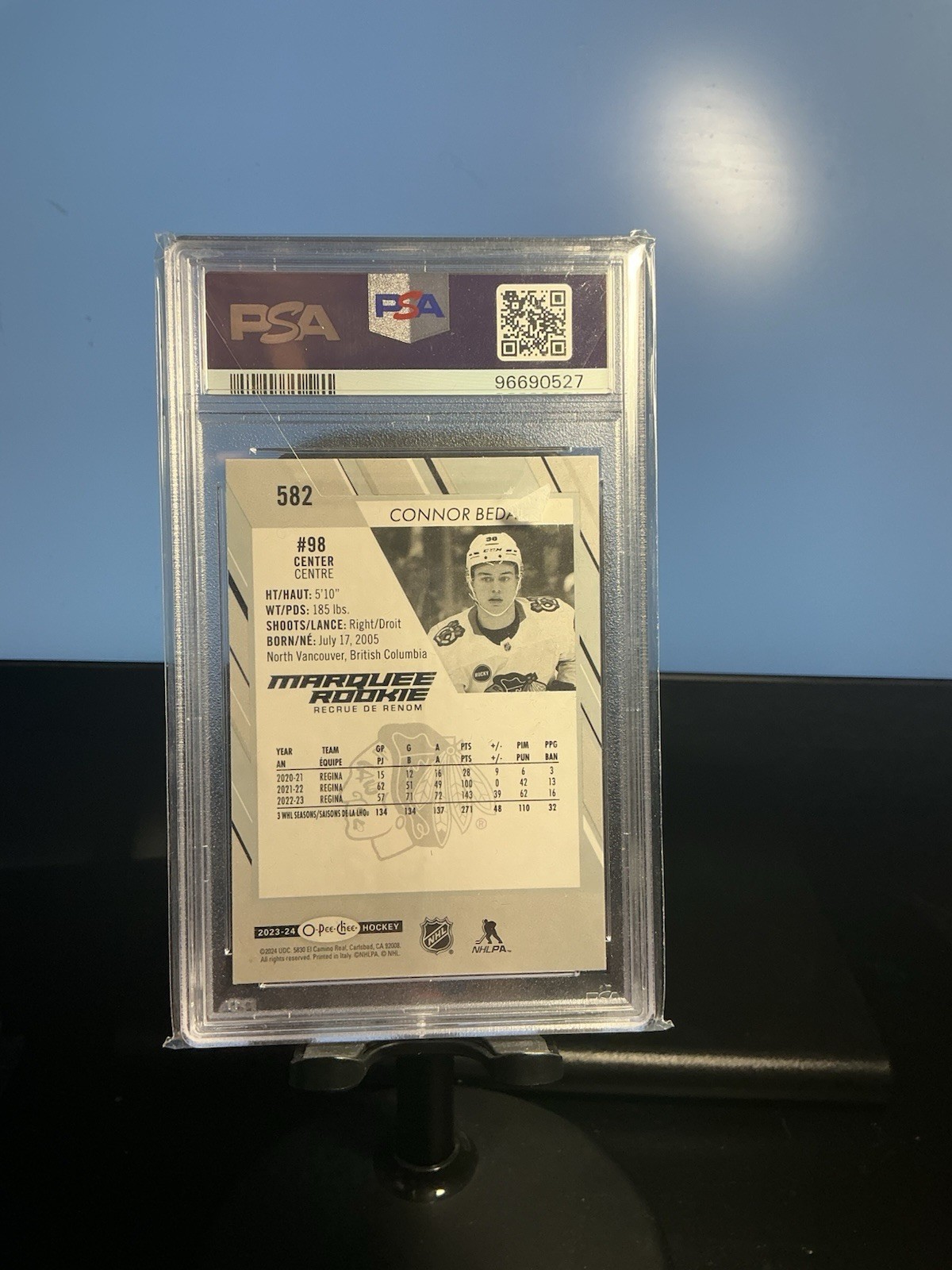 2023-24 O-Pee-Chee Marquee Rookie Connor Bedard #582 (RC) PSA 10 view 2
