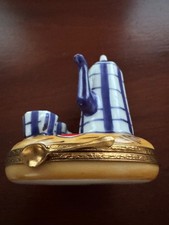 Limoges France Tea for Two Blue and White Tea Set Porcelain Box -spoon clasp