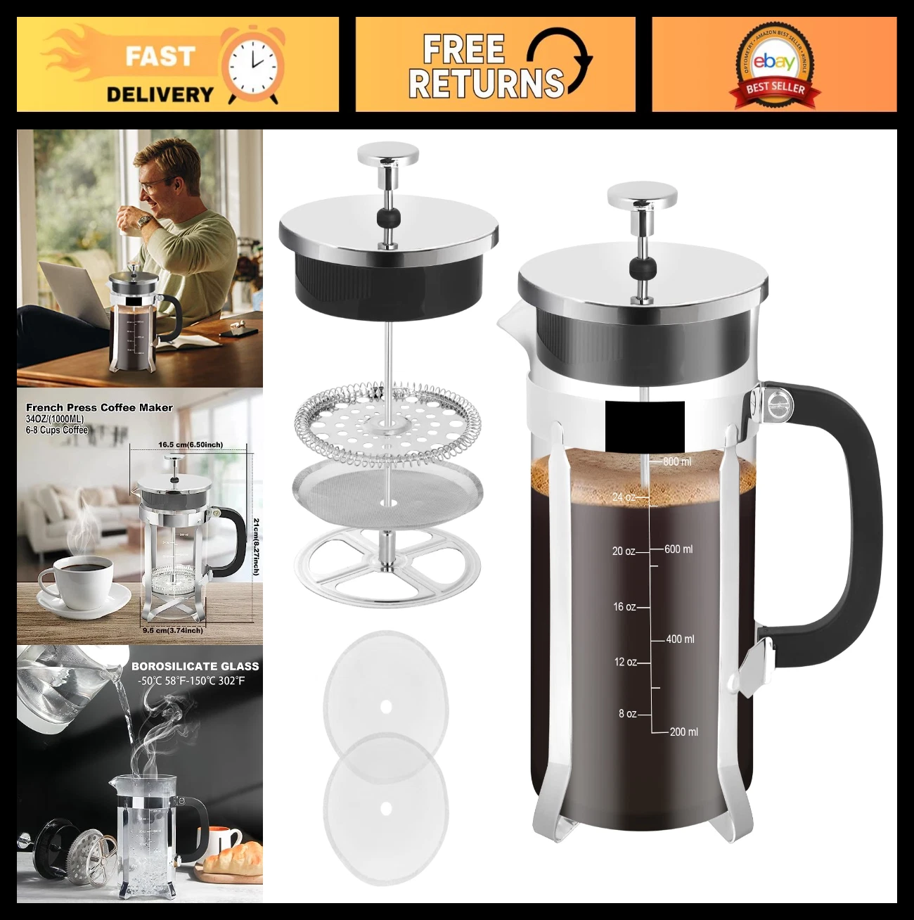 Stainless Steel French Press Coffee Maker 34oz, Heat Resistant, Easy Clean, BPA