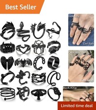 20-Piece Black Gothic Vintage Rings Set - Unique Punk Jewelry for All Occasions