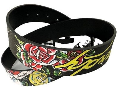 Ed Hardy Men's Skull Rose Print Black Belt With Rivet Studs Size 34 NEW HARDY