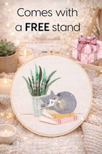 FREE wooden stand Cat Embroidery Kit: Cozy Sleeping Cat, Books, Botanical Design