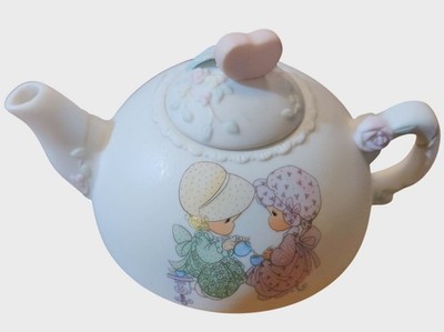 Vintage Precious Moments Heart Lid Small Bisque Teapot