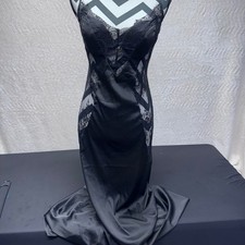 Black Satin Sheer Lace Panel Slip Maxi Dress Spaghetti Strap Formal Gown