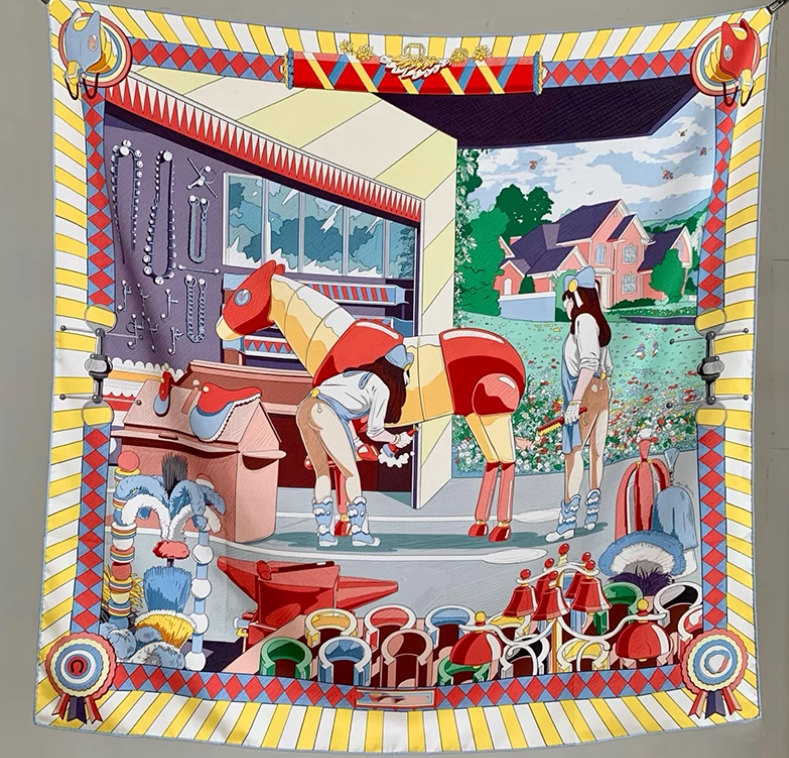 Pure 18 Momme Twill Silk Bandanna Scarf Wrap horse Print Square Shawl 35''new