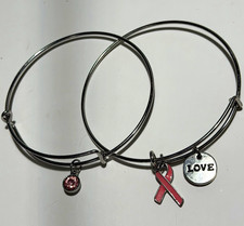 Set of 2 Adjustable Wire Bangle Charm Bracelets Silver Pink Ribbon LOVE Crystal