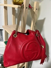 GUCCI SOHO LARGE CHAIN TOTE RED PEBBLED LEATH...