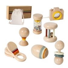 7 PCS Wooden Baby Toys Set - Organic Infant Rattles Newborns 0-6 Month 