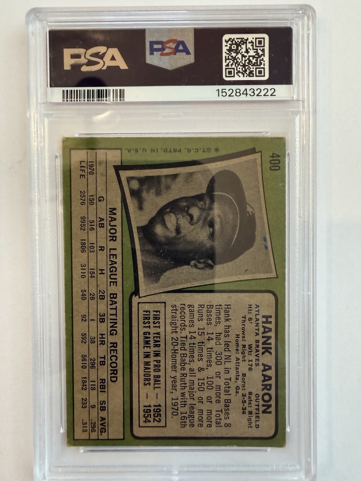 Topps 1971 Hank Aaron #400 Atlanta Braves Baseball Card PSA 3 Graded view 2