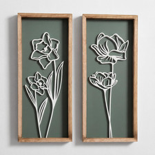 3D Floral Green Wall Art (Set of 2) Lightweight, Wooden Ready-To-Hang Boho Frame