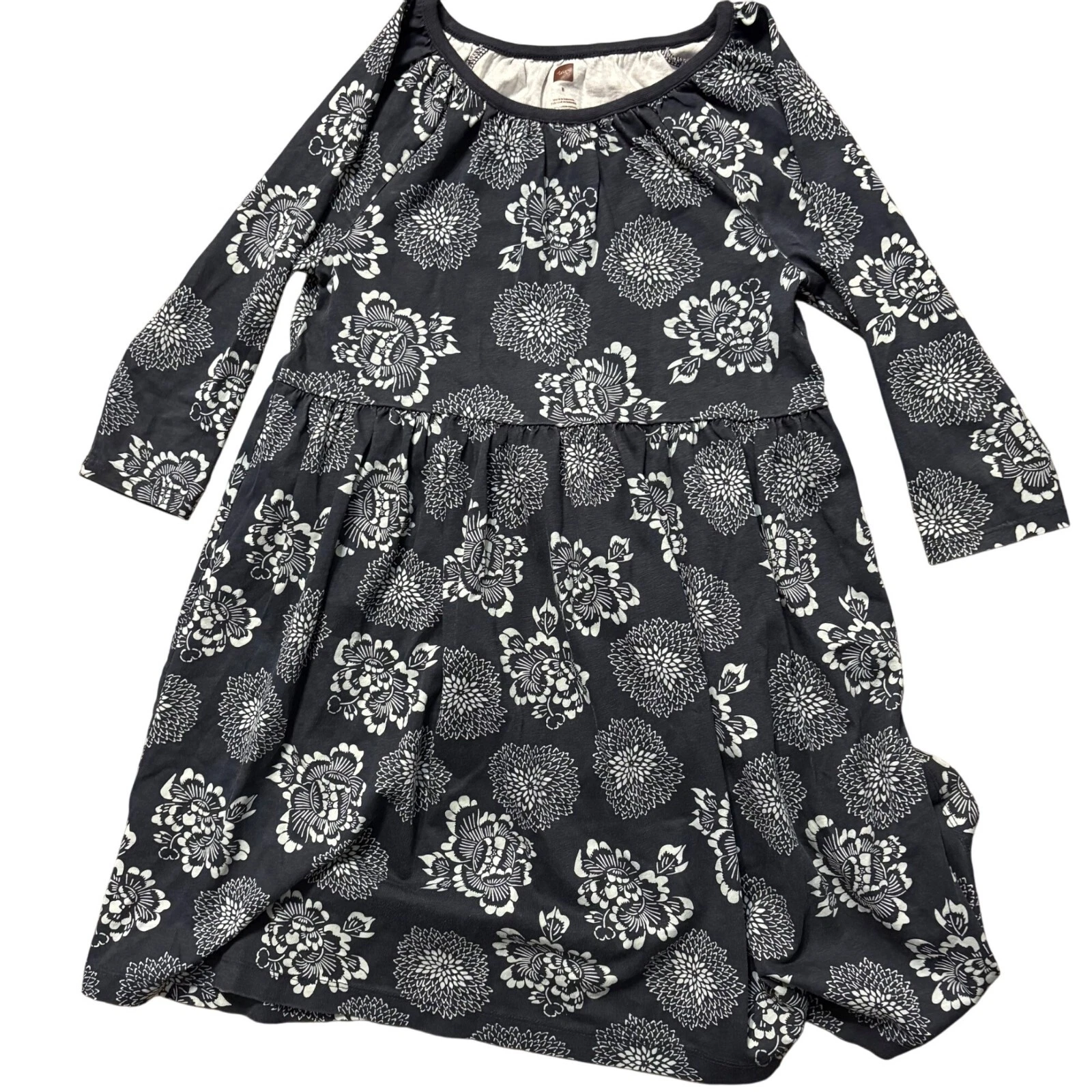 Tea Girls Long Sleeve Floral Dress Size 8 Black & White Cotton Size 8