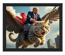 PRESIDENT DONALD TRUMP FLYING A GIANT FLYING CAT IN CITY 8X10 AI FRAMED PHOTO