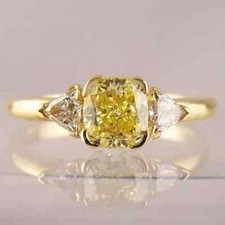 Yellow Gold Plated 2Ct Cushion Lab Creted Citrine Three Stone Engagement Ring