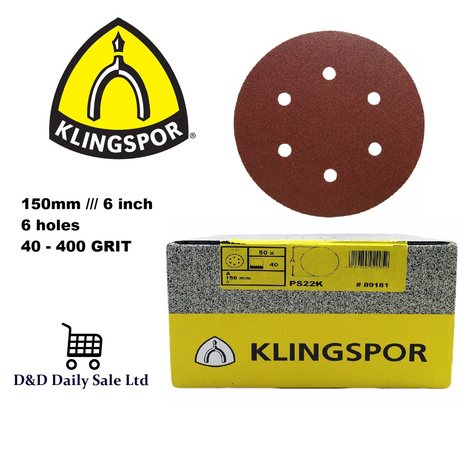 150 mm Sanding Discs/Sandpaper 6 hole pads 6'' KLINGSPOR 40400 GRIT