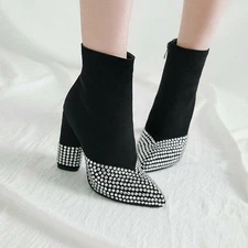 Womens Rhinestones Point Toe Party Chunky Heel side Zip casual Ankle Boots