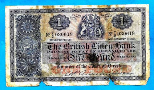 Scotland P157d 1 Pound BRITISH LINEN BANK Sign Anderson 9.8.1955 F+ - Foto 1 di 2