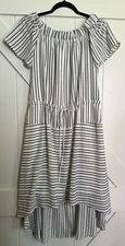 Halston Vintage 1976 Black Striped Hi-Low Off Shoulder Dress Pockets Size SP