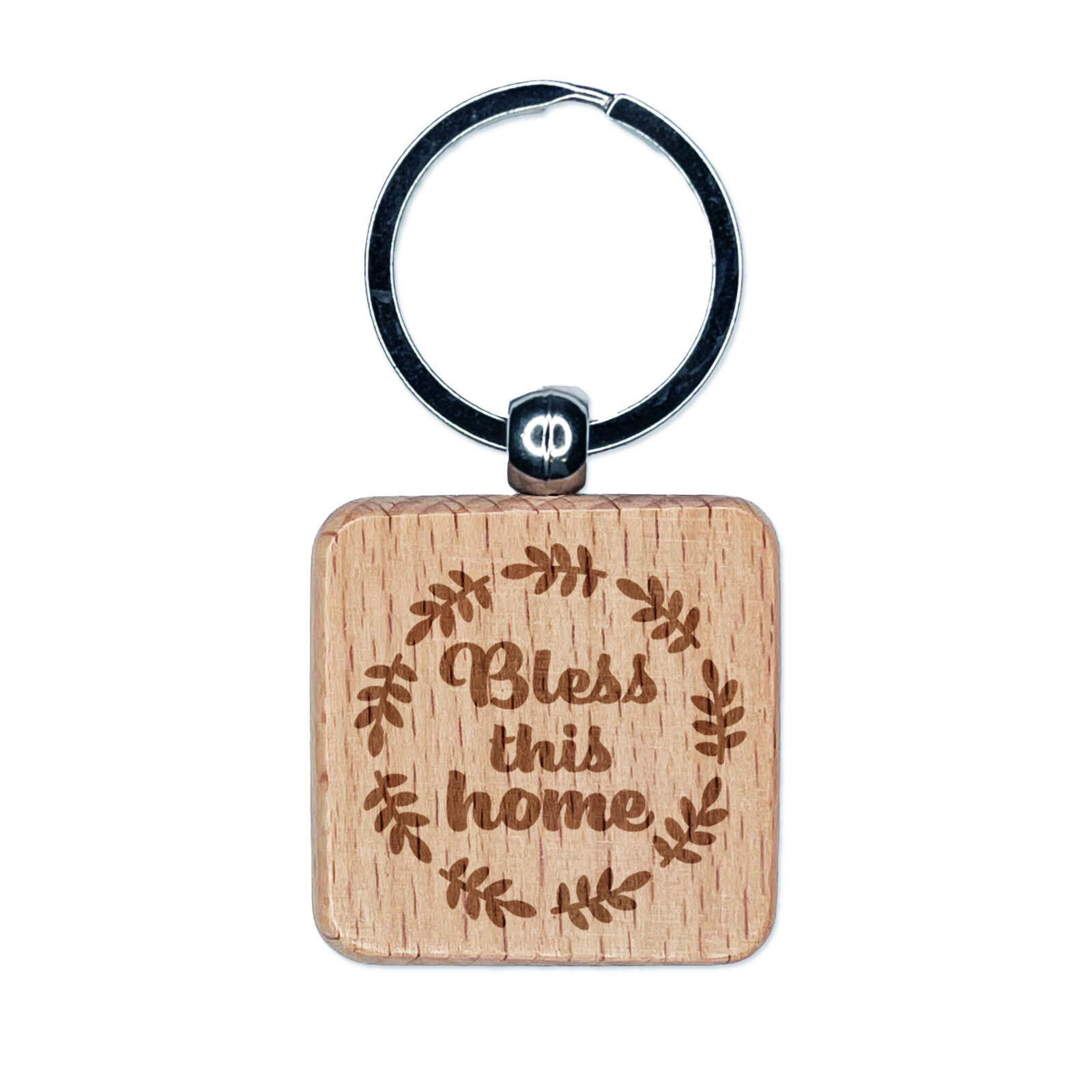 Bless This Home in Wreath Engraved Wood Square Keychain Tag Charm