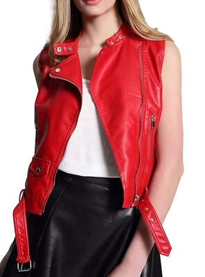 Women's Stylish Red Vest Coat Jacket Western Classic Soft Fit Lambskin Leather