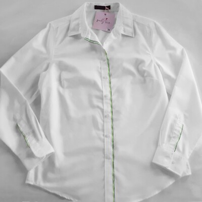 NWT Pearly Vine SZ M White Cotton Blend Ribbon Trim Button Up Long Sleeve Shirt
